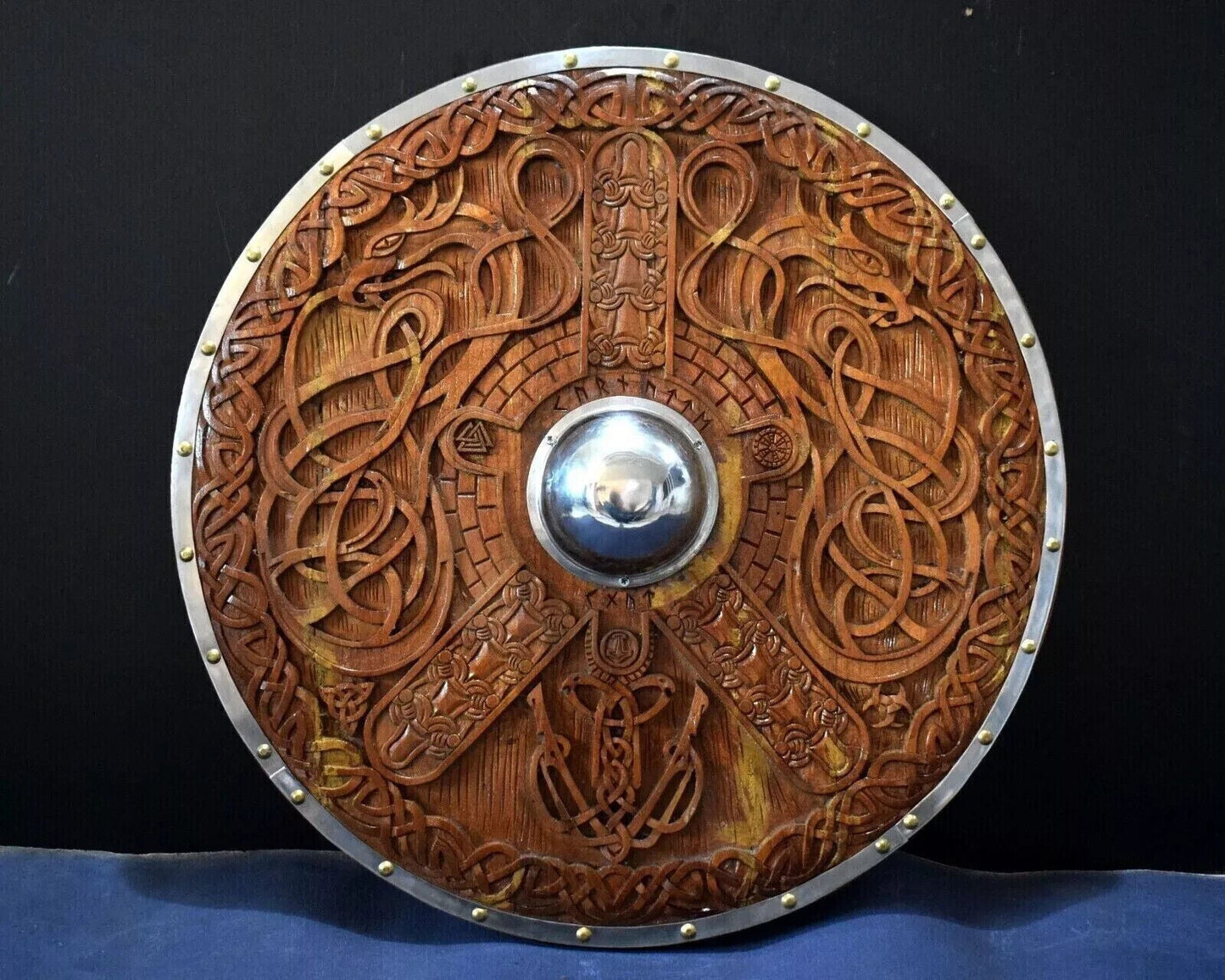 Medieval Hand Carved Wooden Viking Shield With Steel umbo