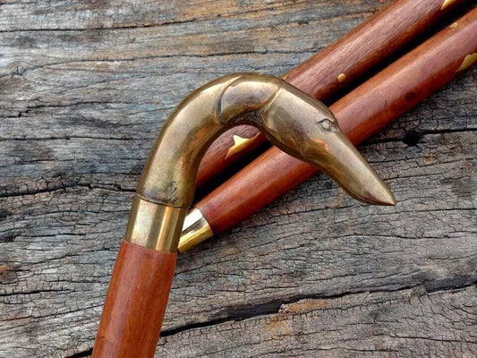 Antique vintage style brass designer head handle stick wooden walking cane gift